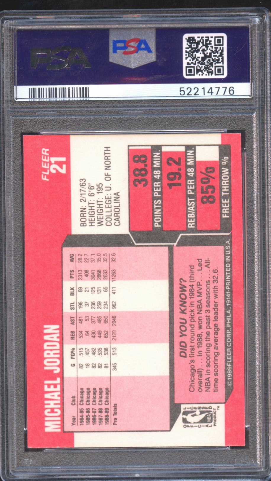 Michael Jordan 1989 Fleer Card Chicago Bulls #21 PSA 8
