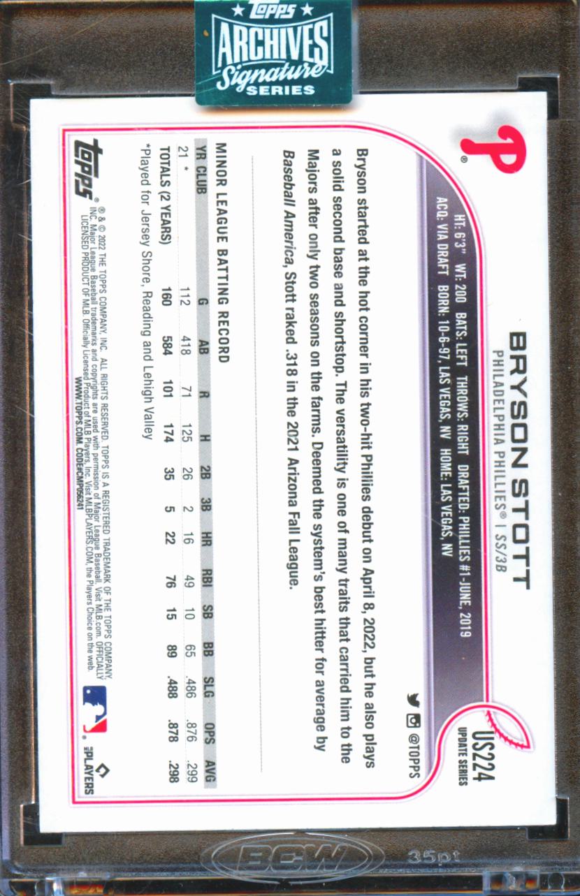 Bryson Stott 2024 Topps Archives Auto Autograph RC 19/20 Philadelphia Phillies
