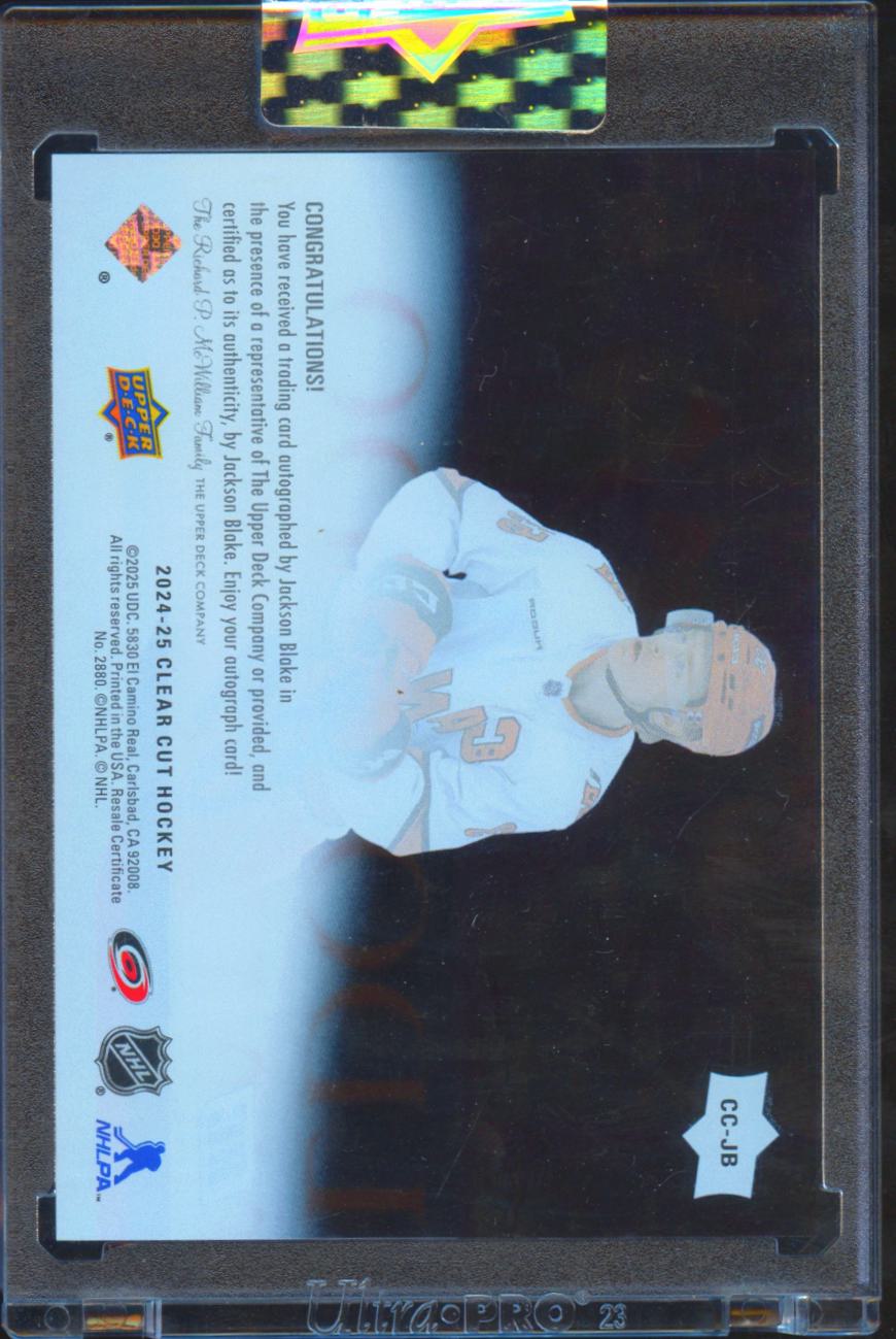 Jackson Blake 2025 Upper Deck Clear Cut Auto Autograph RC Carolina Hurricanes