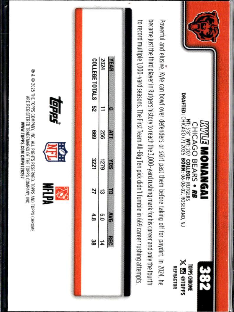 Kyle Monangai 2025 Topps Chrome Rookie RC Refractor Chicago Bears