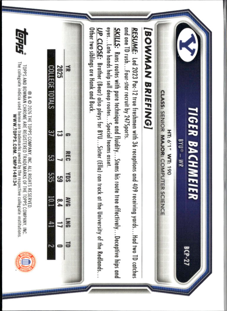 Tiger Bachmeier 2025 Bowman Chrome 1st Speckle Refractor BYU Cougars