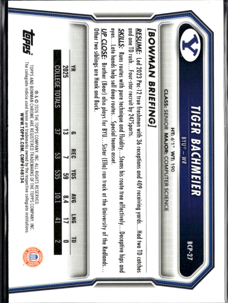 Tiger Bachmeier 2026 Bowman Chrome 1st Speckle Refractor BYU Cougars