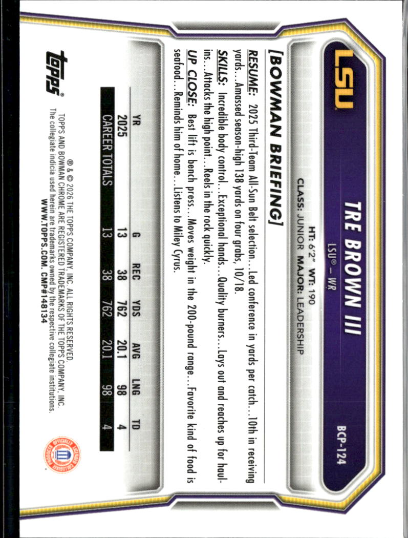Tre Brown III 2026 Bowman Chrome 1st Speckle Refractor  LSU Tigers