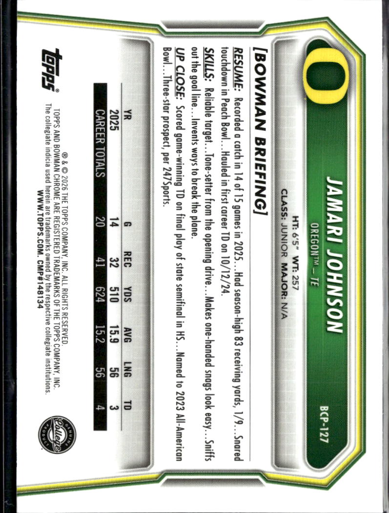 Jamari Johnson 2026 Bowman Chrome 1st Speckle Refractor Oregon Ducks