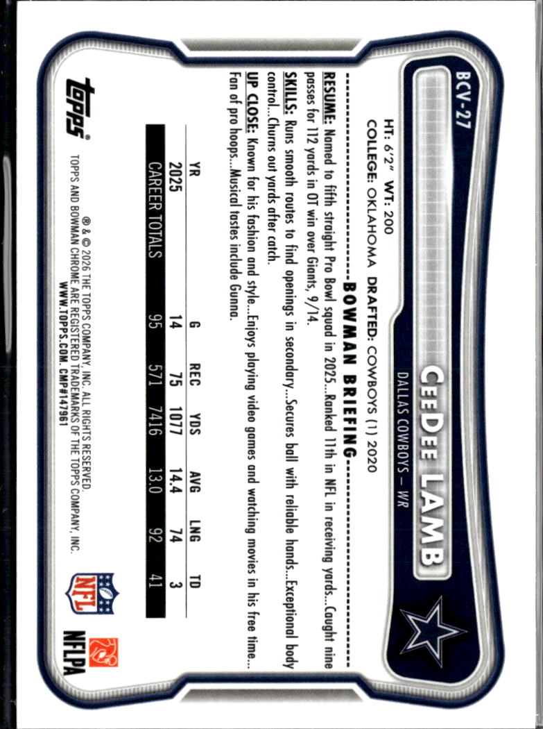 CeeDee Lamb 2026 Bowman Chrome Speckle Refractor Dallas Cowboys