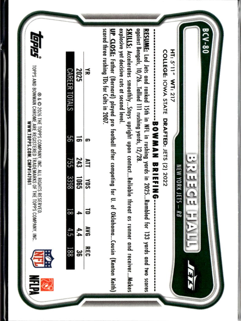 Breece Hall 2026 Bowman Chrome Speckle Refractor New York Jets