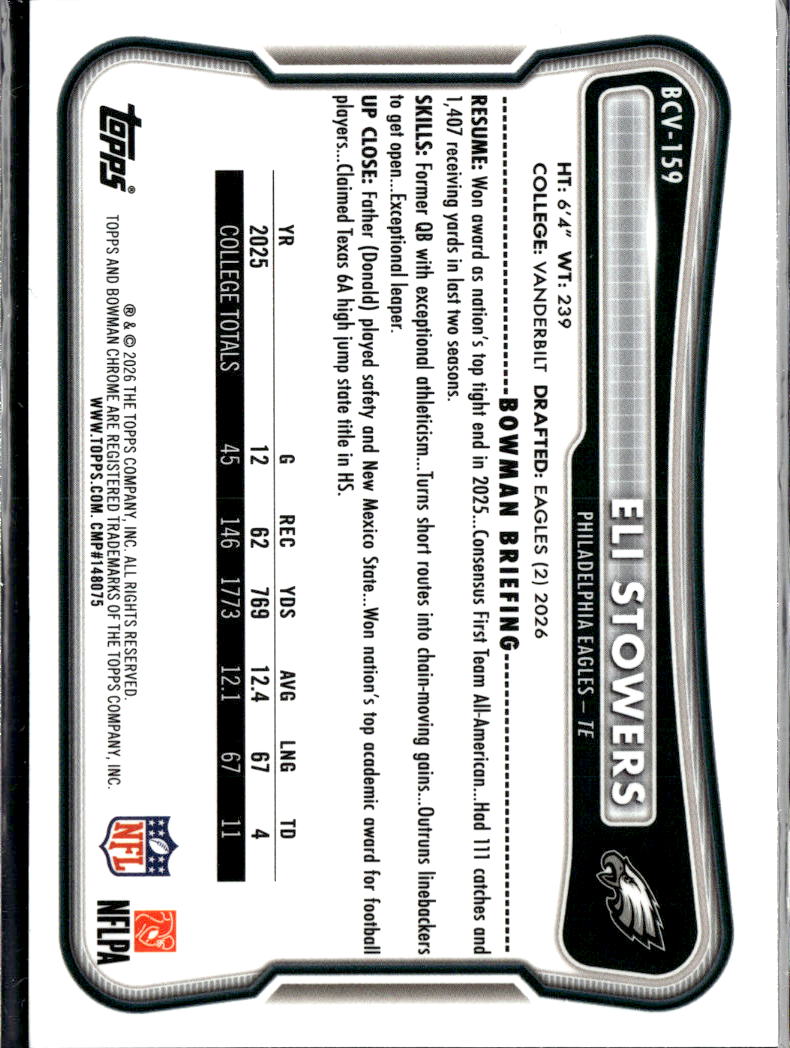 Eli Stowers 2026 Bowman Chrome Speckle Refractor RC Philadelphia Eagles