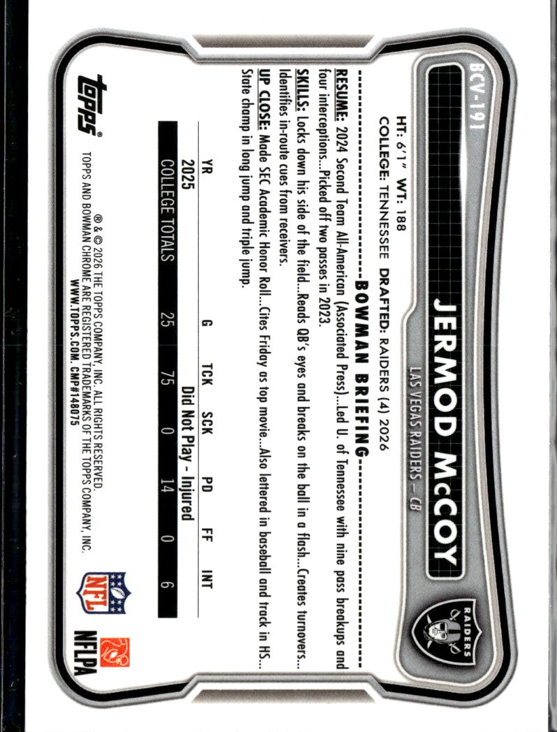 Jermod McCoy 2026 Bowman Chrome RC Speckle Refractor Las Vegas Raiders