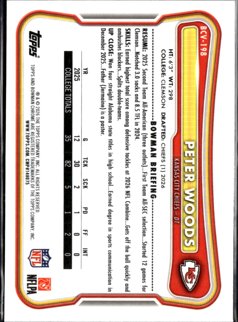Peter Woods 2026 Bowman Chrome RC Speckle Refractor Kansas City Chiefs