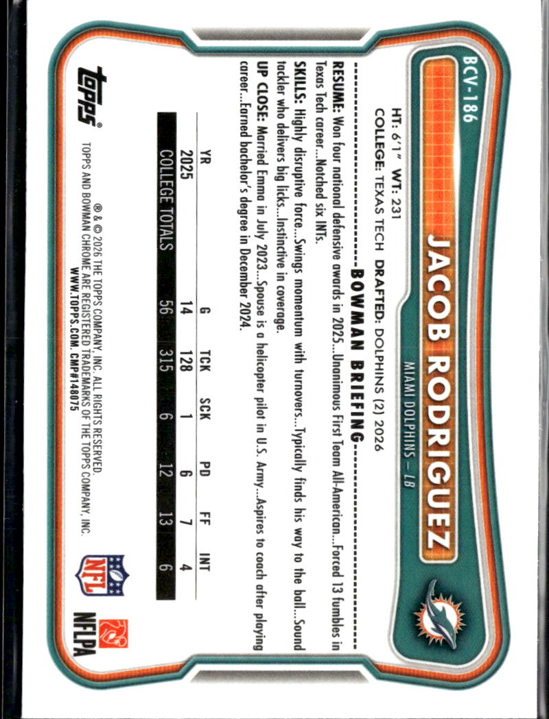 Jacob Rodriguez 2026 Bowman Chrome Speckle Refractor RC Miami Dolphins