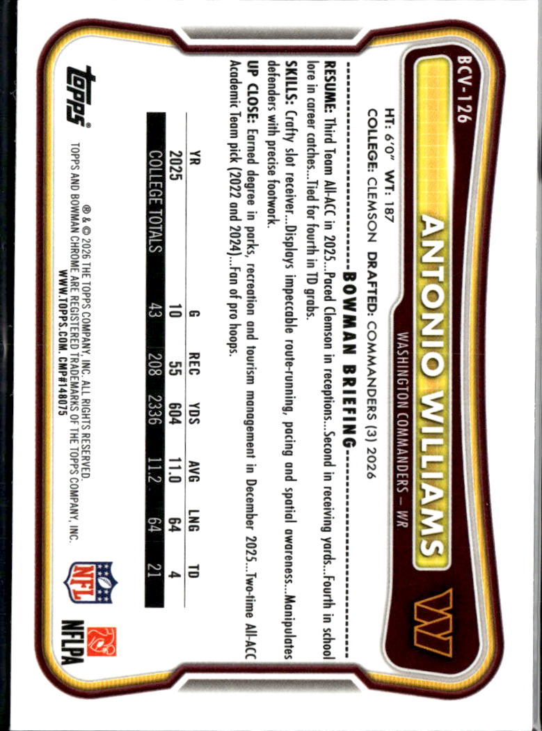 Antonio Williams 2026 Bowman Chrome Speckle Refractor RC Washington Commanders