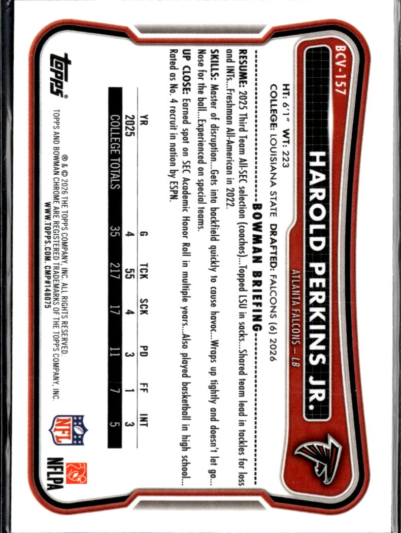 Harold Perkins Jr. 2026  Bowman Chrome RC Speckle Refractor Atlanta Falcons