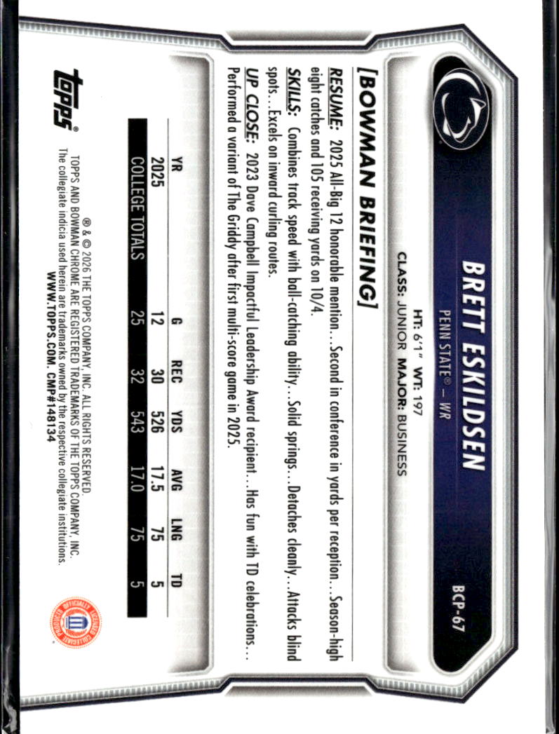 Brett Eskildsen 2026 Bowman Chrome 1st Mini Diamond Penn State Nittany Lions