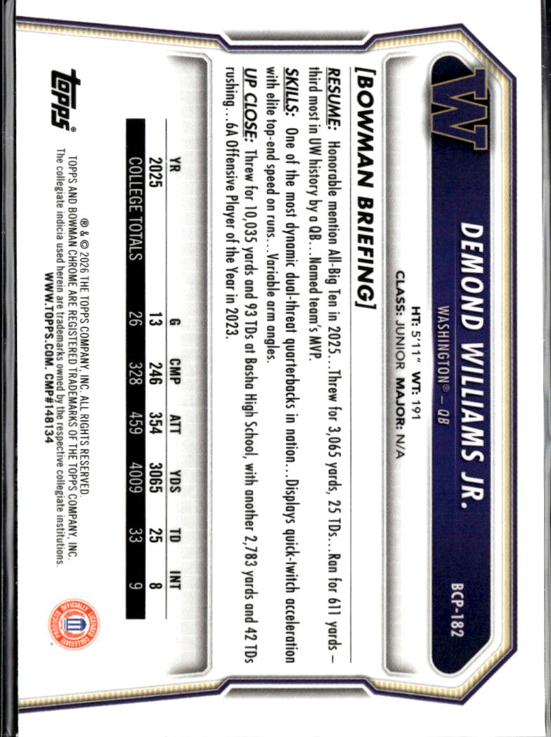 Demond Williams Jr. 2026 Bowman Chrome 1st Mini Diamond Washington Huskies