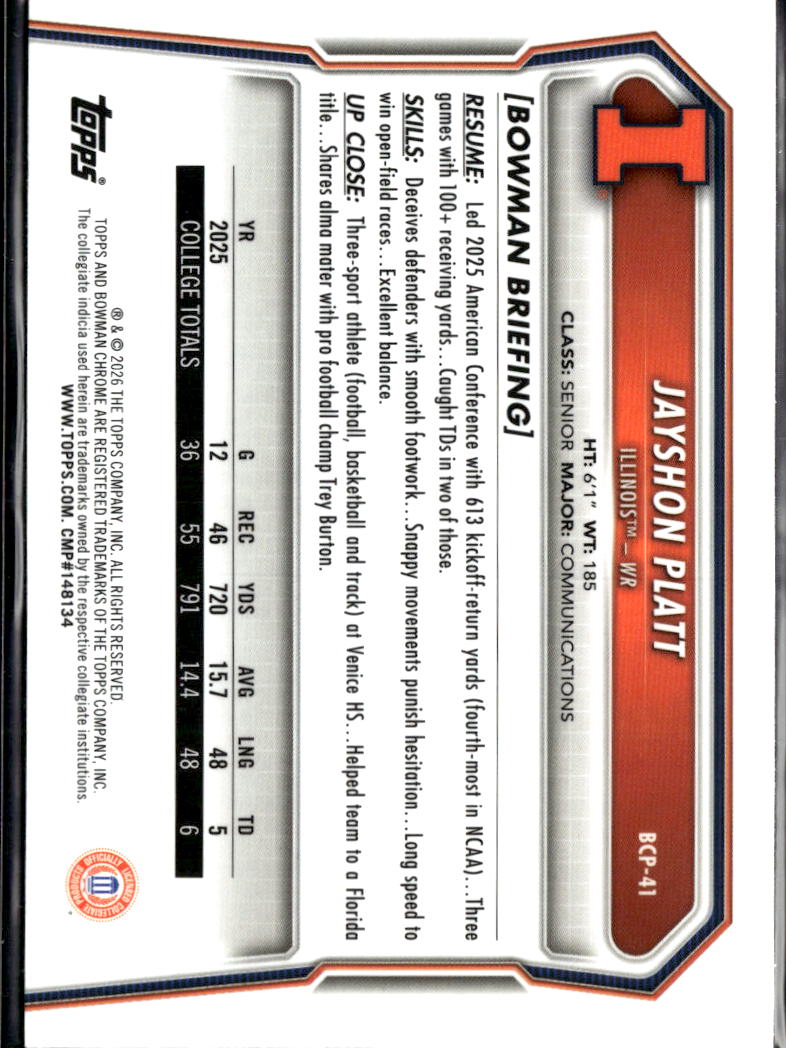 Jayshon Platt 2026 Bowman Chrome 1st Mini Diamond Illinois Fighting Illini