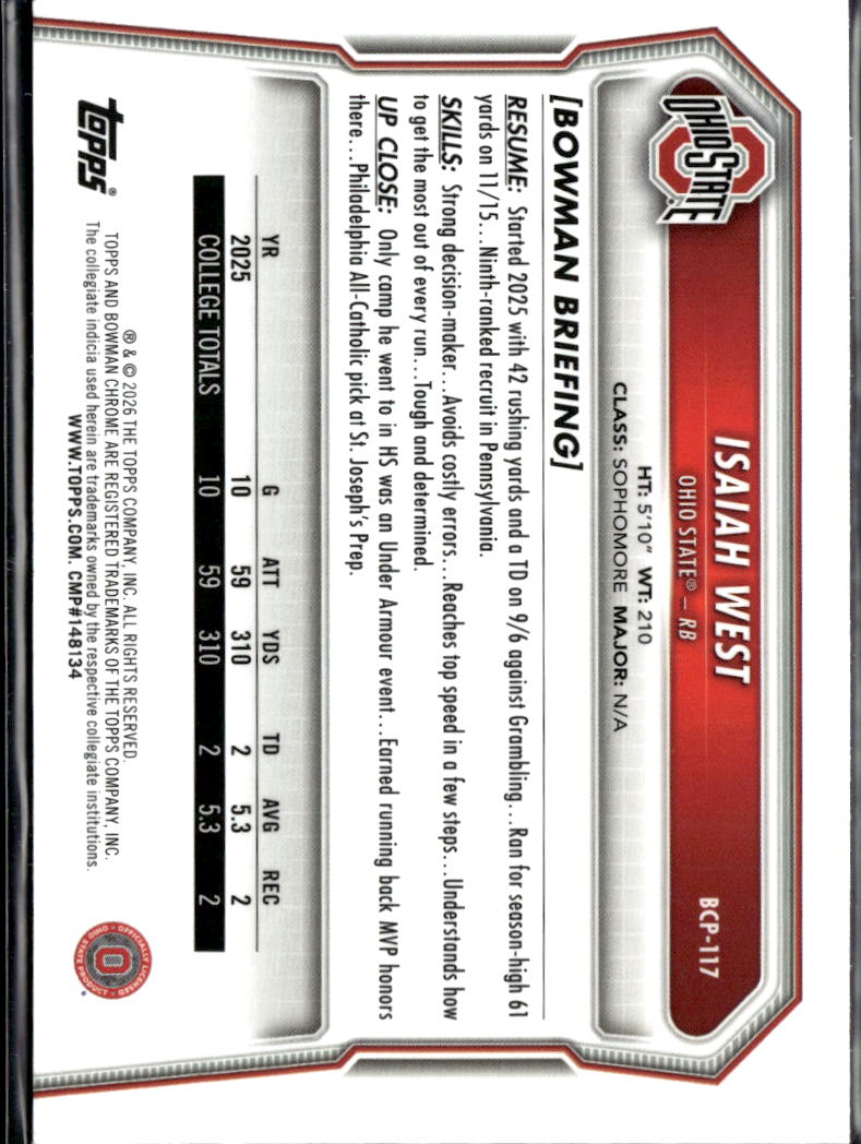 Isaiah West 2026 Bowman Chrome 1st Mini Diamond Ohio State Buckeyes