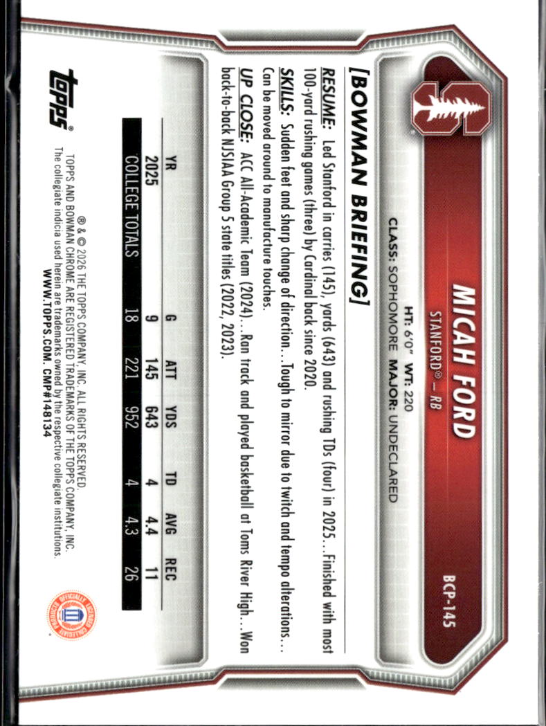 Micah Ford 2026 Bowman Chrome 1st Mini Diamond Stanford Cardinal