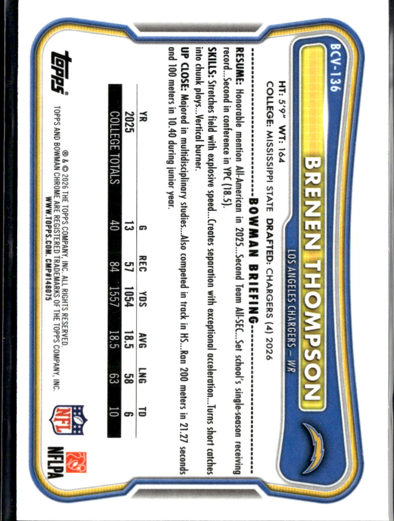 Brenen Thompson 2026 Bowman Chrome RC Green Shimmer /99 Los Angeles Chargers