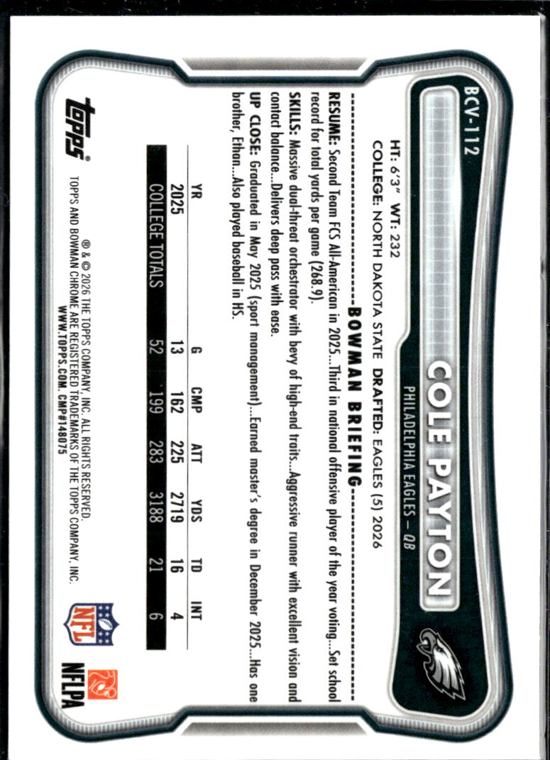 Cole Payton 2026 Bowman Chrome Lime Green RC /399 Philadelphia Eagles