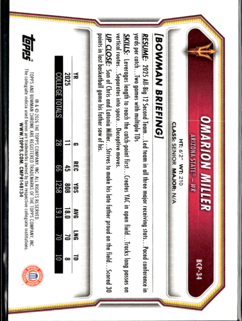 Omarion Miller 2026 Bowman Chrome 1st Lime Green /399 Arizona State Sun Devils