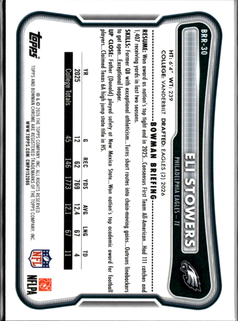 Eli Stowers 2026 Topps Bowman Chrome RED Rookie RC Philadelphia Eagles