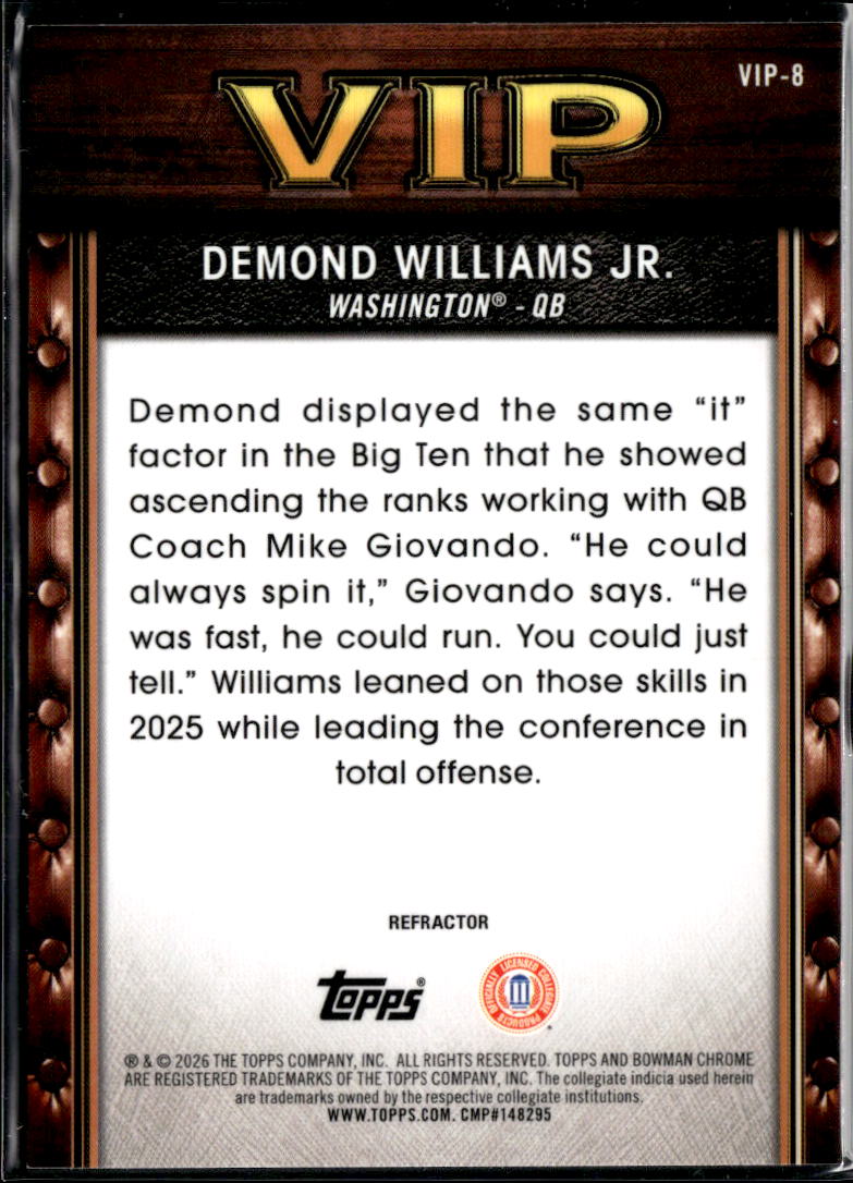Demond Williams Jr. 2026 Bowman Chrome Vip Refractor Washington Huskies