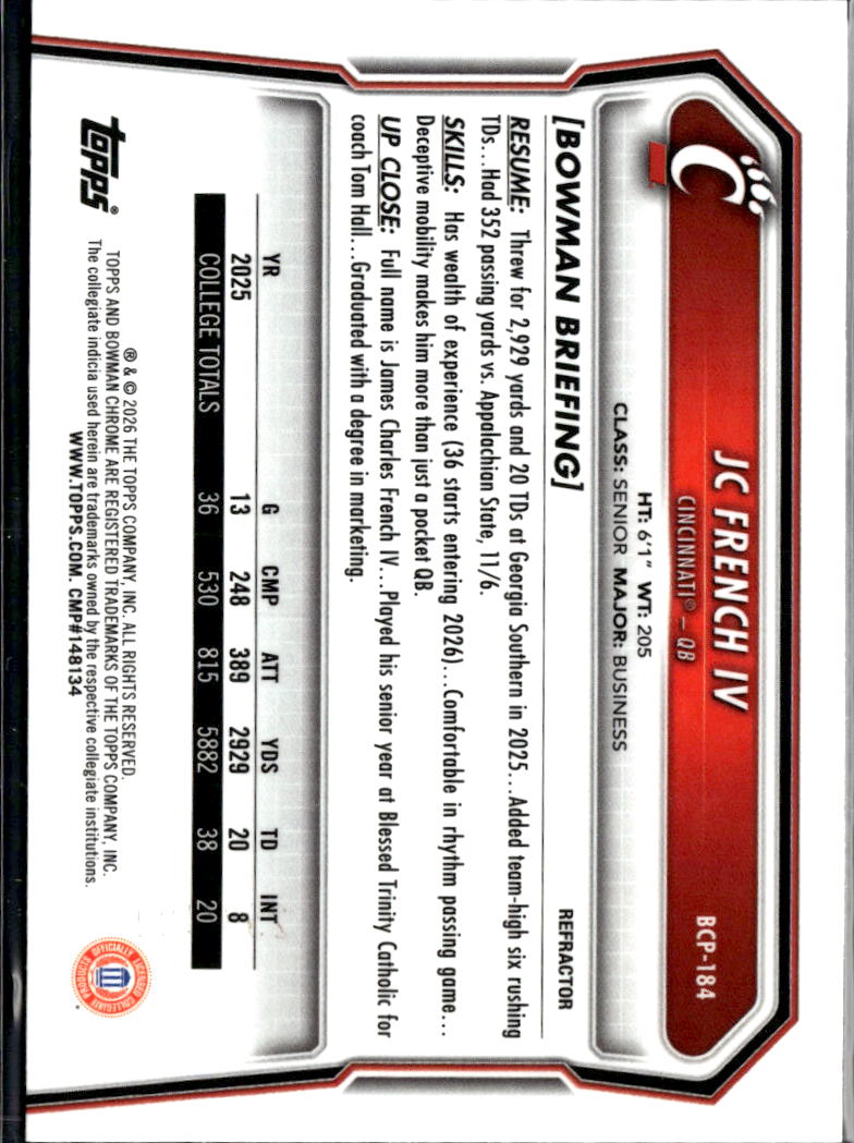 JC French IV 2026 Bowman Chrome 1st Refractor /499 Cincinnati Bearcats