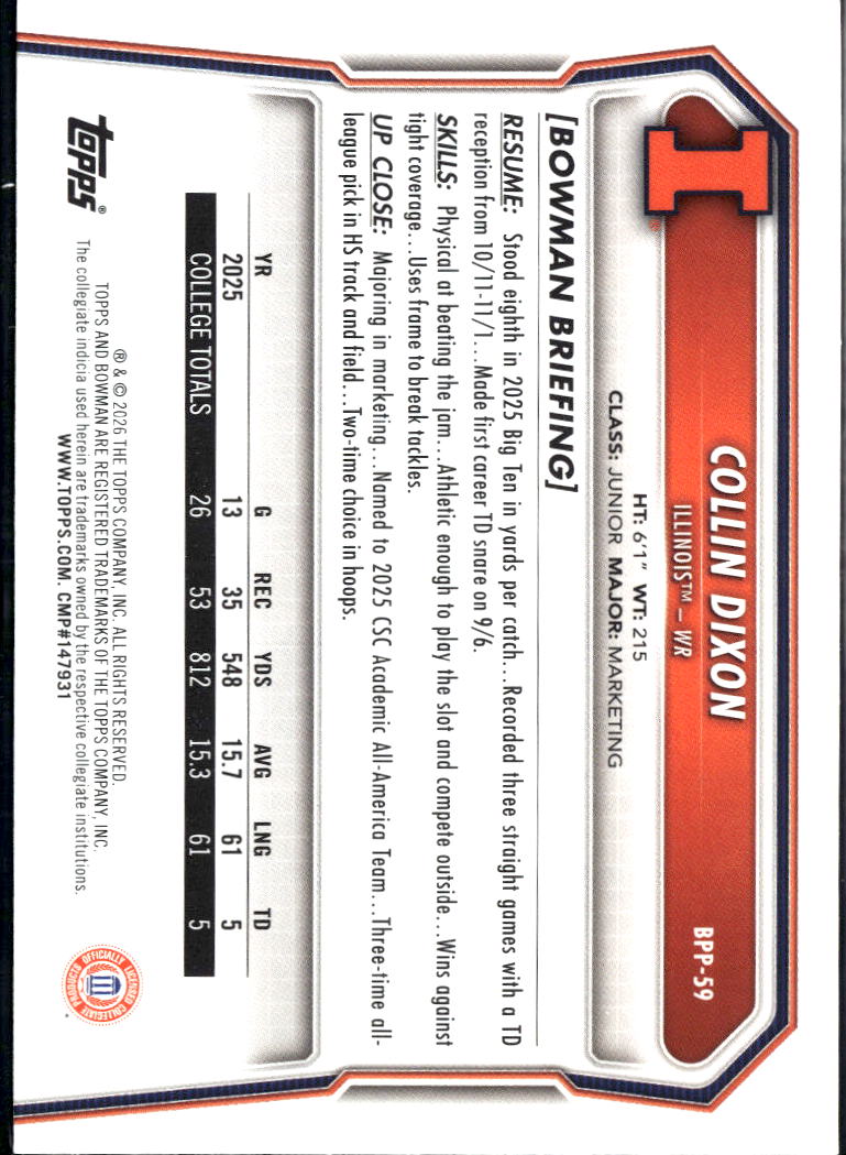 Collin Dixon 2026 Bowman 1st Aqua /199 Illinois Fighting Illini Illinois