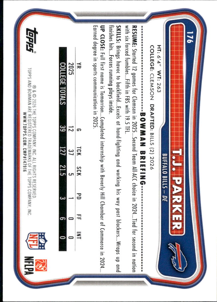 T.J. Parker 2026 Bowman Rookie RC Pink /250 Buffalo Bills