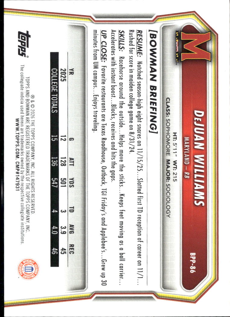 DeJuan Williams 2026 Bowman 1st Yellow /275 Maryland Terrapins