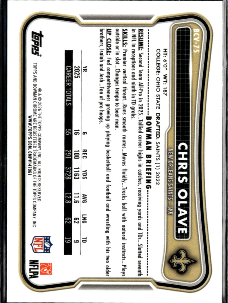 Chris Olave 2026 Bowman Chrome Purple Refractor 18/75 New Orleans Saints