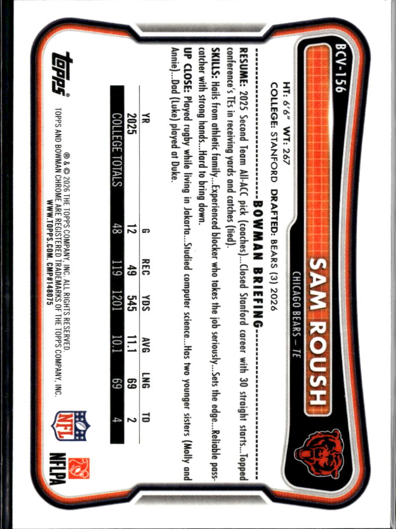 Sam Roush 2026 Bowman Chrome RC Rookie Pink /250 Chicago Bears