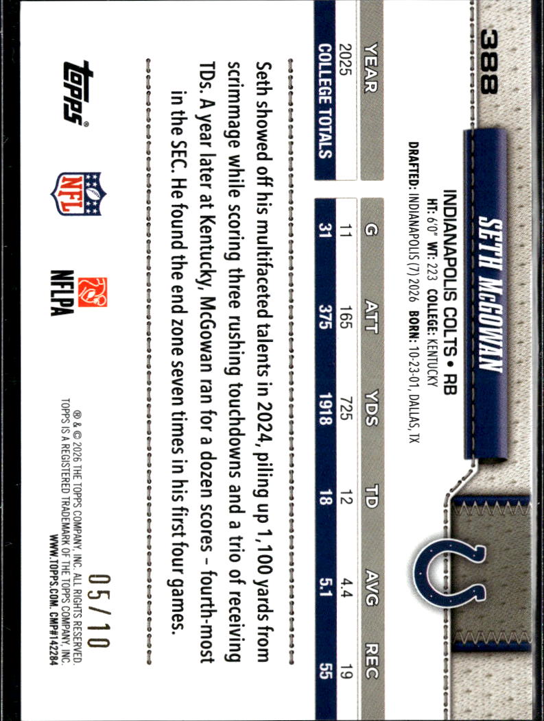 Seth McGowan 2026 Topps BLACK Diamante Rookie RC 5/10 Indianapolis Colts