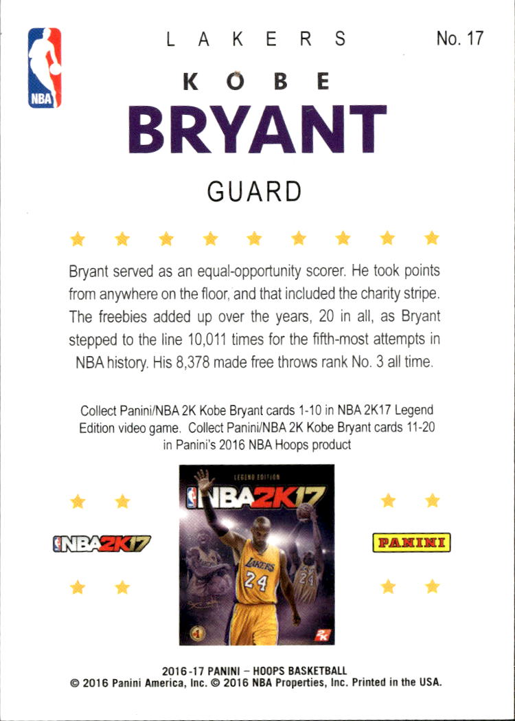 Kobe Bryant 2016 Panini Hoops NBA 2K17 #17 Los Angeles Lakers