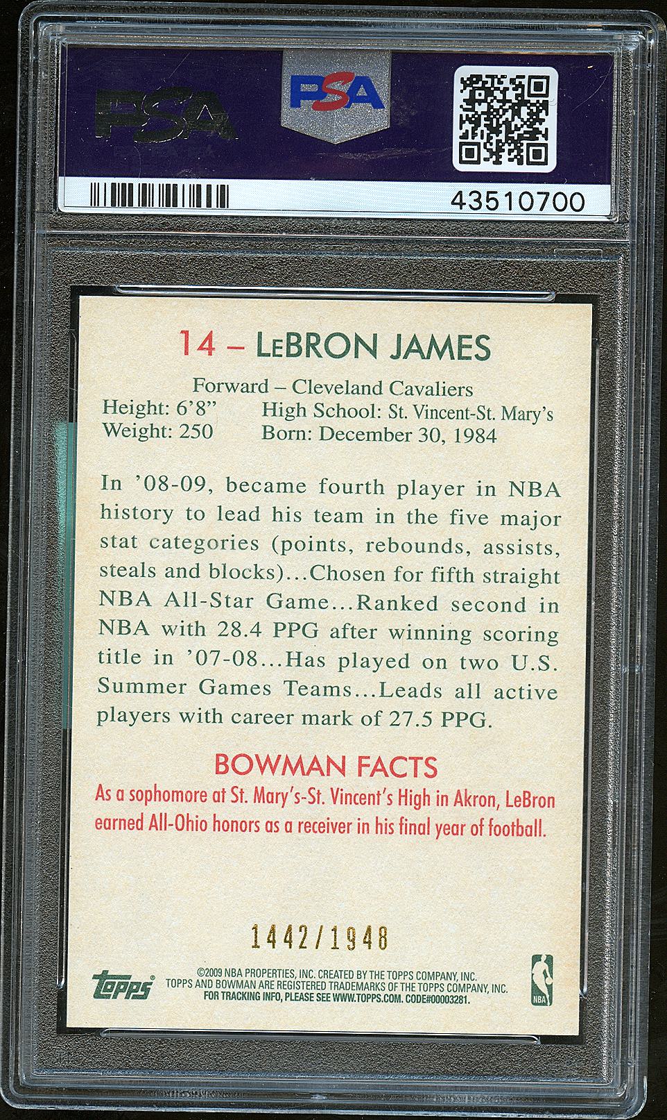LeBron James 2009-10 Bowman '48 Blue Cleveland Cavaliers 1442/1948 PSA 8