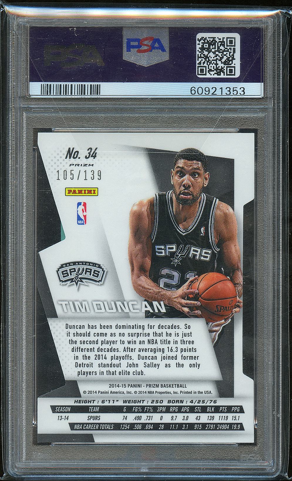 Tim Duncan 2014-15 Prizm Orange Die Cut San Antonio Spurs 105/399 #34 PSA 10
