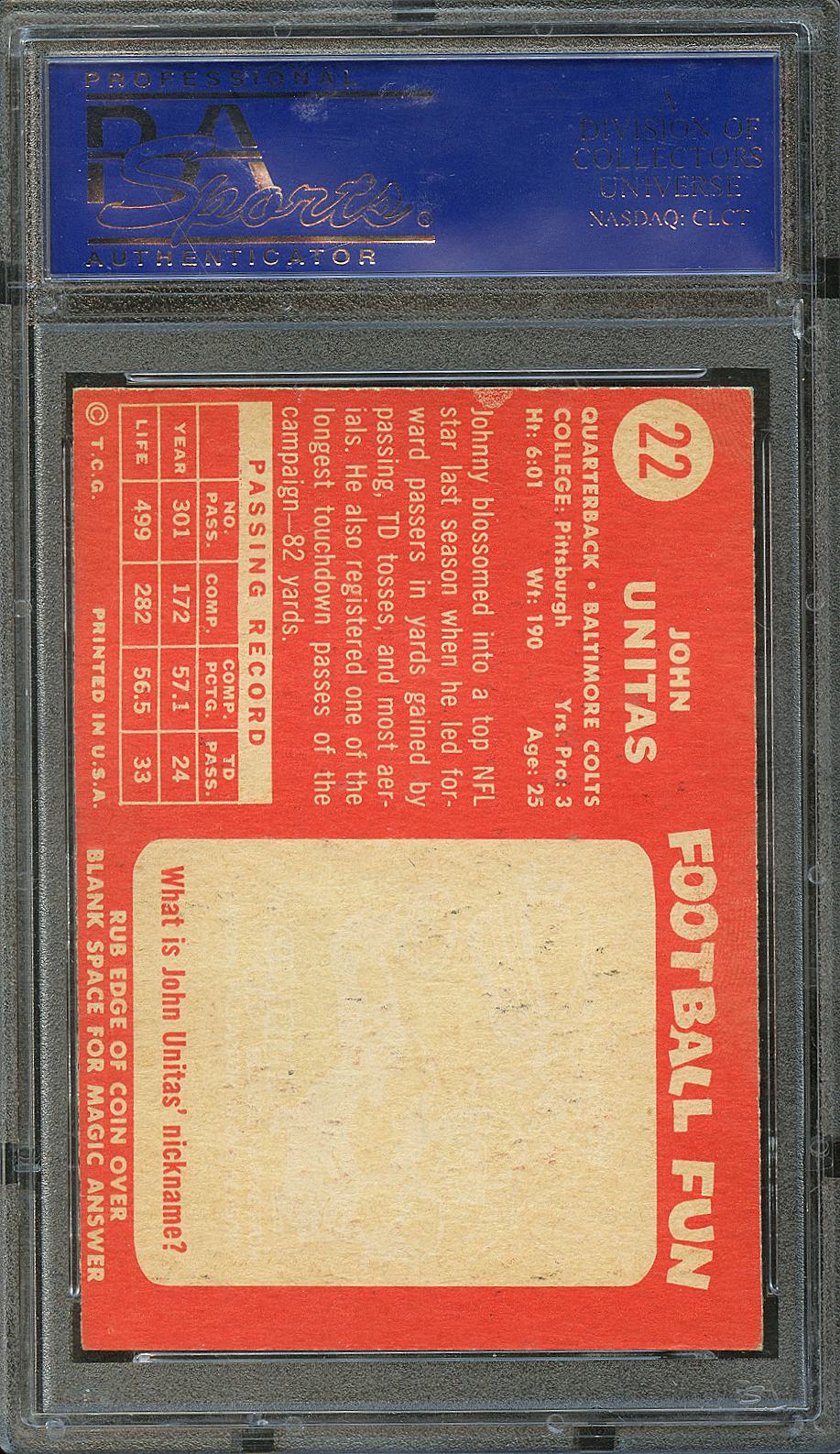 John Unitas 1958 Topps Card Baltimore Colts #22 PSA 8 (OC)