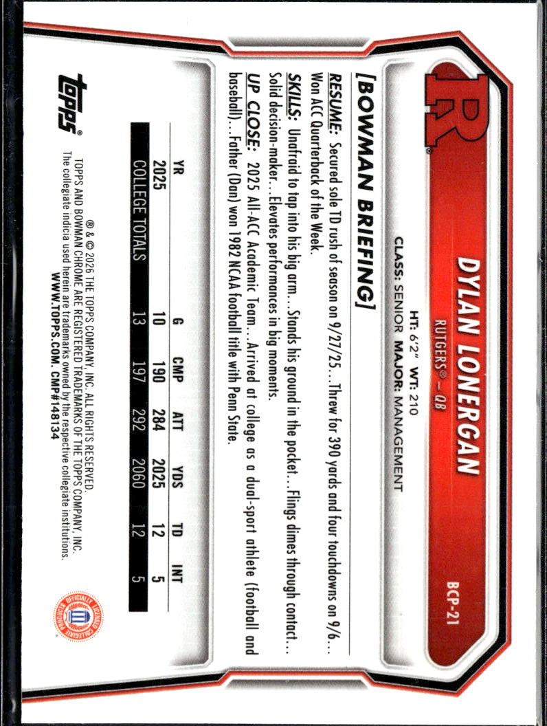 Dylan Lonergan 2026 Bowman Chrome 1st Aqua Refractor /199 Rutgers