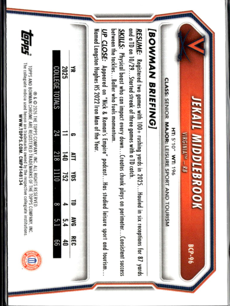 Jekail Middlebrook 2026 Bowman Chrome 1st Pink Refractor /250 Virginia Cavaliers