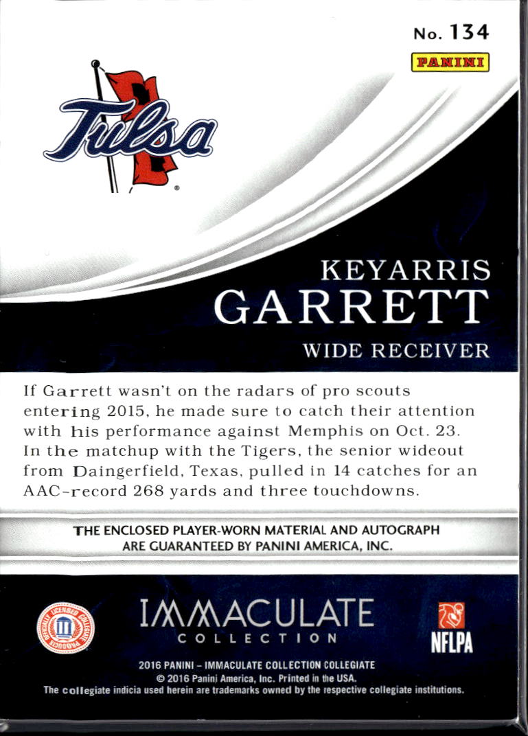 Keyarris Garrett 2016 Immaculate Auto Autograph LOGO Patch RC 21/25 Tulsa