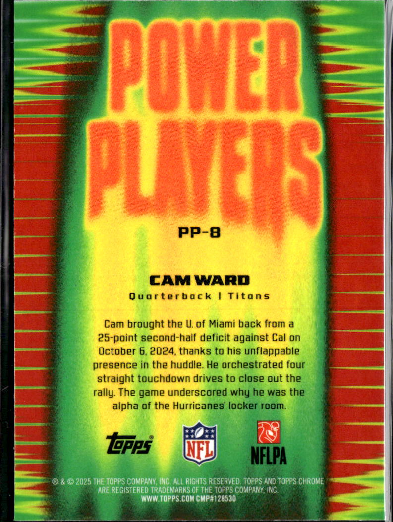 Cam Ward 2025 Topps Chrome Power Players Yellow Refractor RC 62/275 Titans