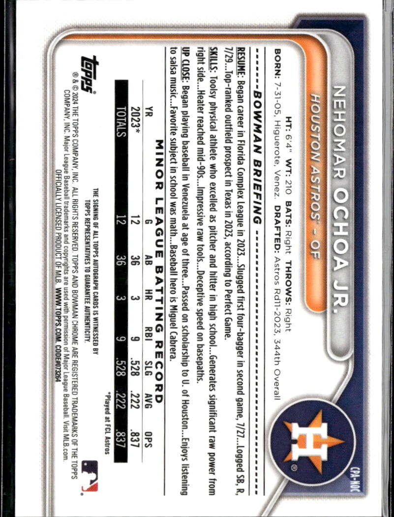 Nehomar Ochoa Jr. 2024 Bowman Chrome 1st Auto Autograph GOLD 17/50 Astros