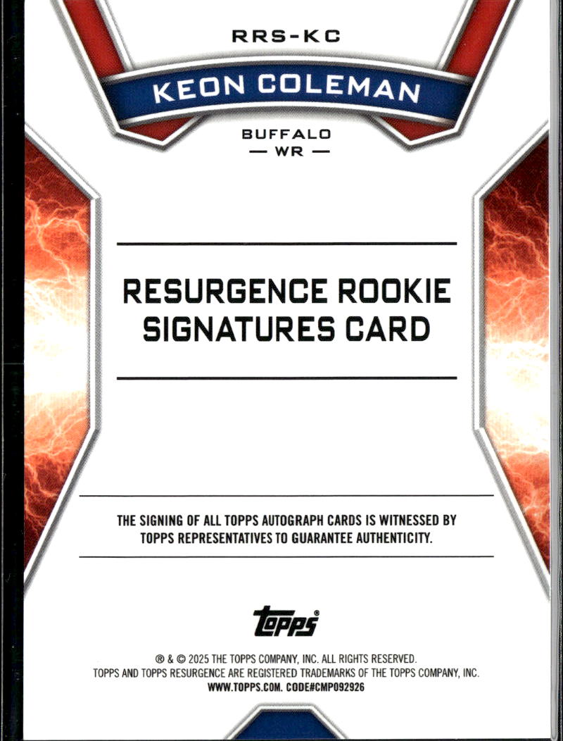 Keon Coleman 2025 Topps Resurgence Auto Autograph RC Rookie 82/249 Buffalo Bills