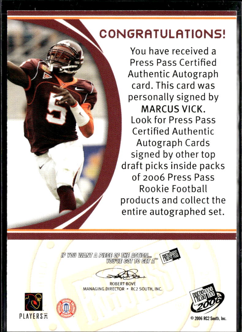 Marcus Vick 2006 Press Pass Red Ink Auto Autograph RC 126/200 Virginia Tech
