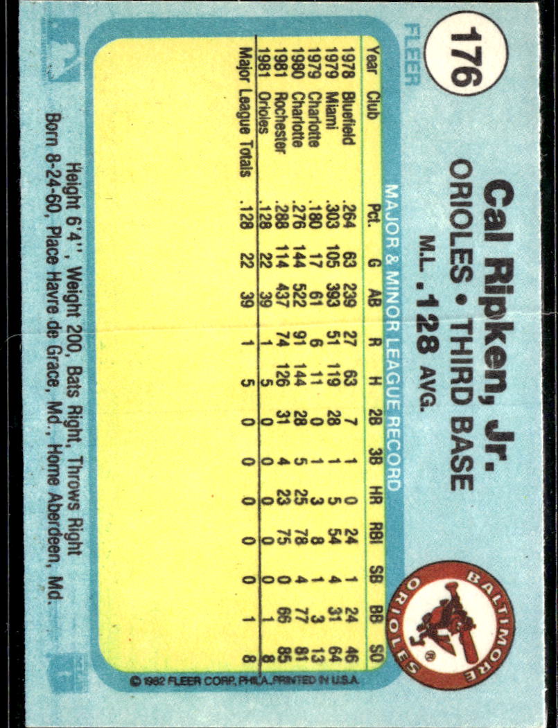Cal Ripken, Jr. 1982 Fleer Rookie RC #176 Baltimore Orioles