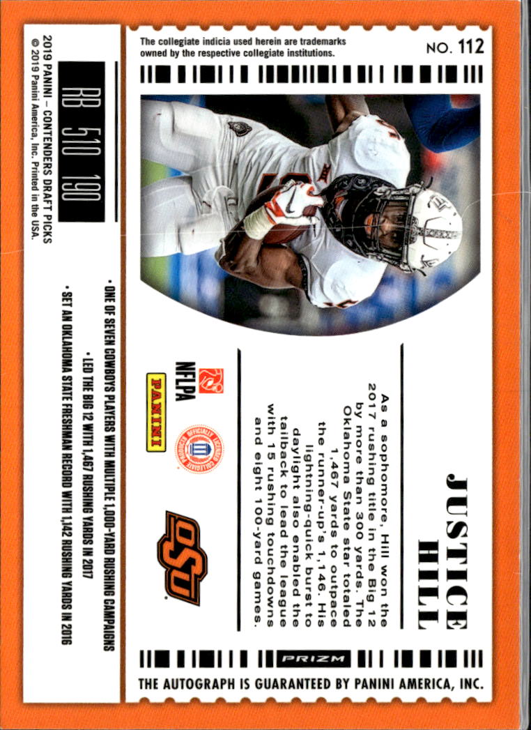 Justice Hill 2019 Contenders Optic Auto Autograph RC Oklahoma State Cowboys