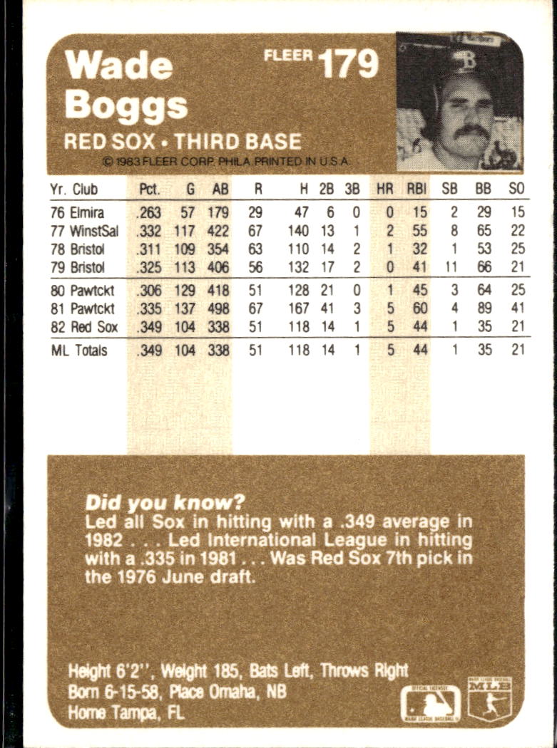 Wade Boggs 1983 Fleer Rookie RC #179 Boston Red Sox