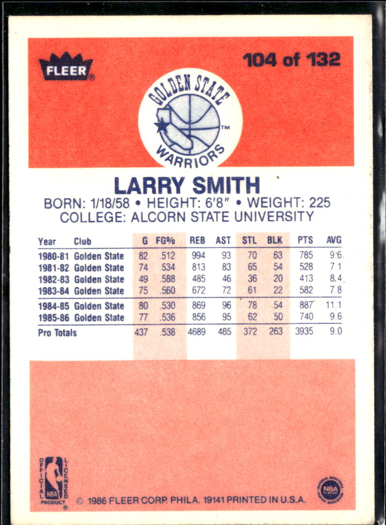 Larry Smith 1986-87 Fleer Card #104 Golden State Warriors