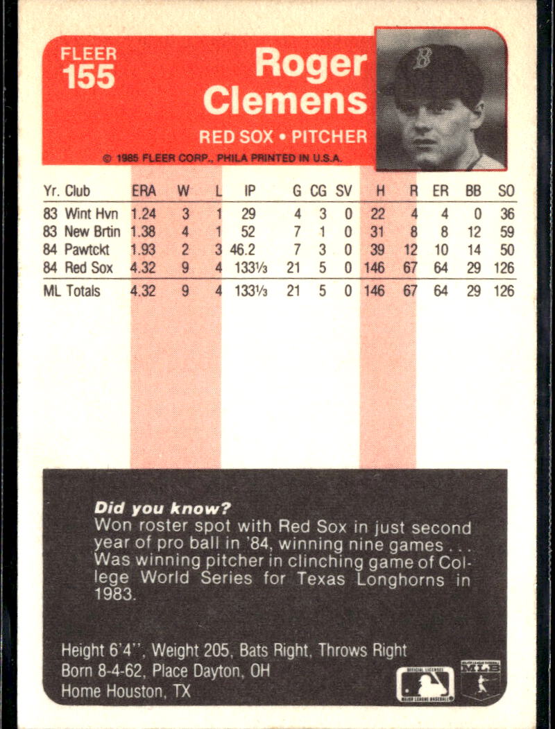 Roger Clemens 1985 Fleer Rookie RC #155 Boston Red Sox