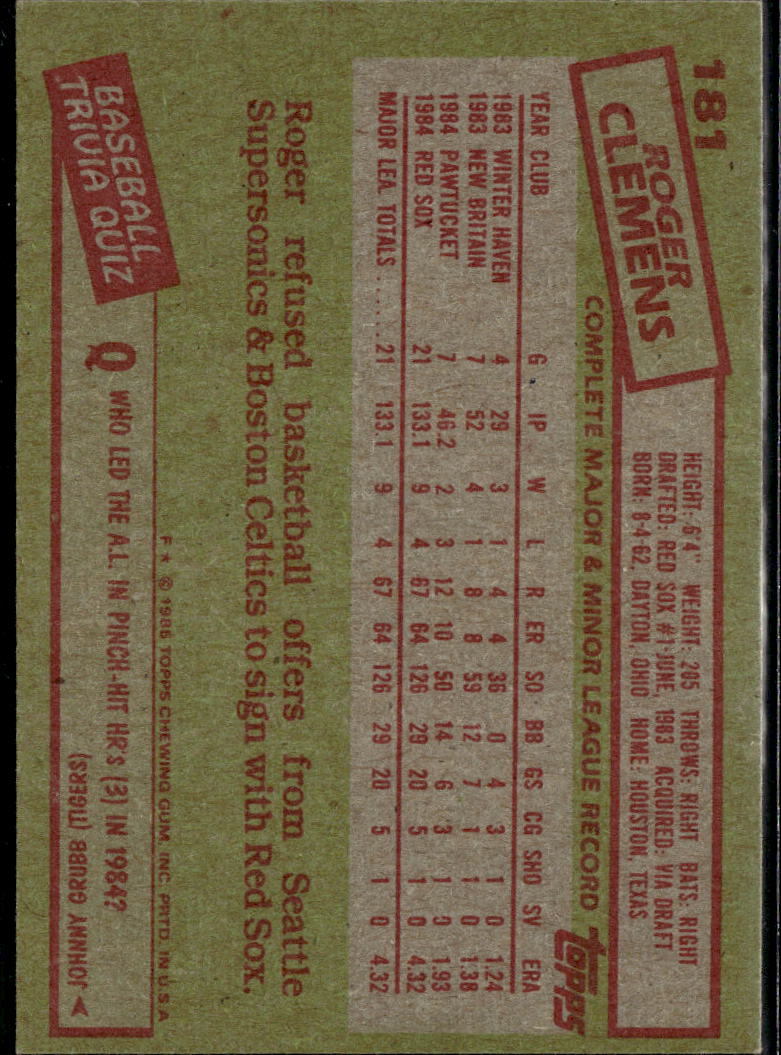 Roger Clemens 1985 Topps Rookie RC #181 Boston Red Sox